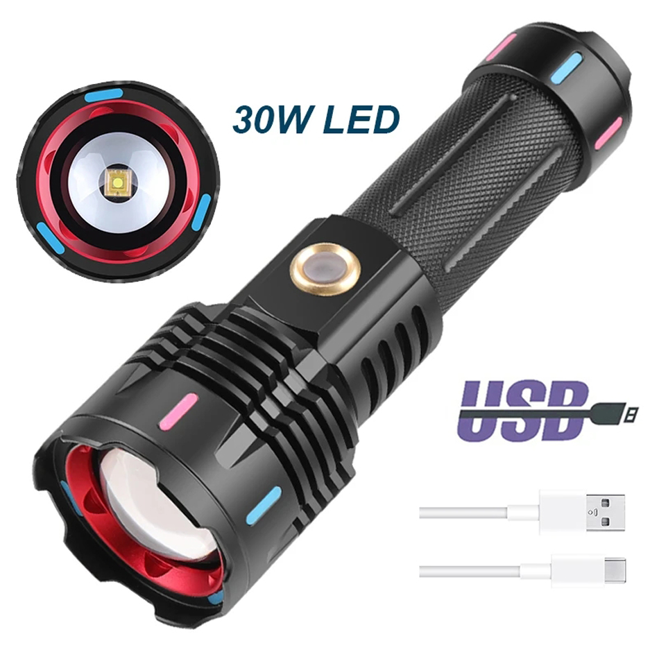 Torcia a LED ultra potente Torcia da 30 Watt Torcia tattica Tipo C Lanterna da campeggio a luce flash ricaricabile Lampada da mano impermeabile