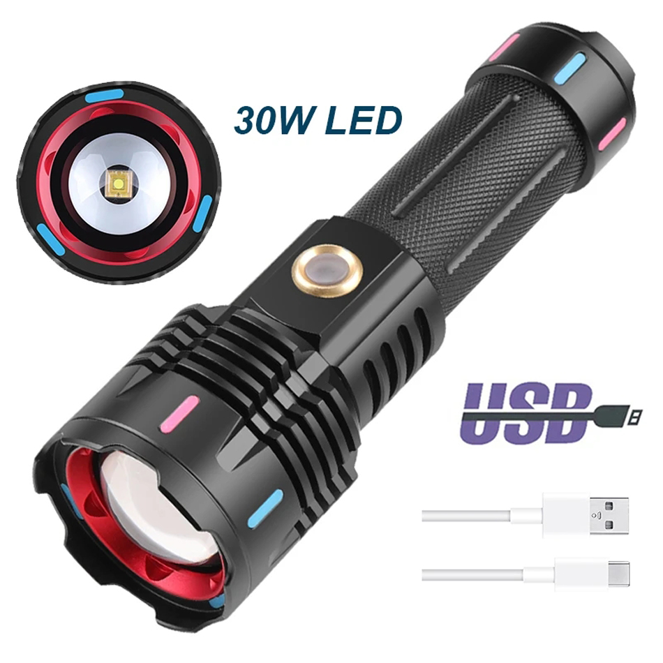 Lampe de poche torche Led Ultra puissante 30Watt torche tactique Type C lampe de poche Rechargeable lanterne de Camping lampe à main étanche