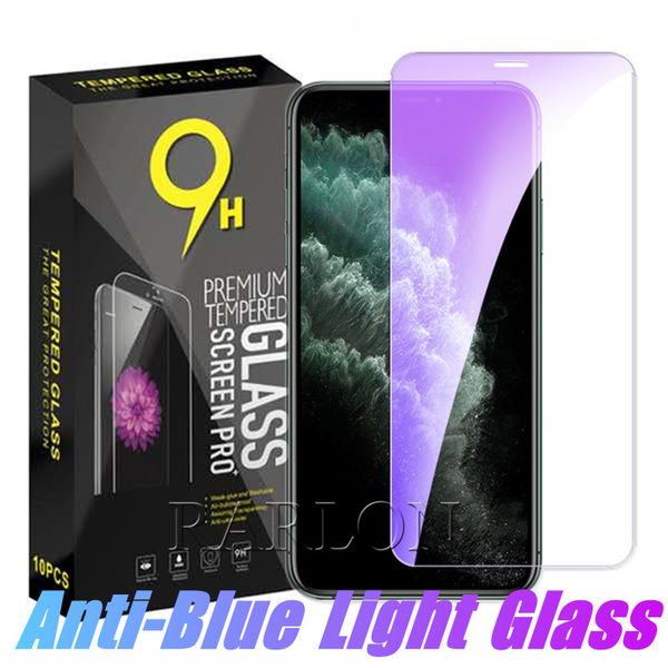 Ultra delgado 2.5D 9H Anti-Scratch Anti Blue Light Protector de pantalla Película de vidrio templado para iPhone 13 13Pro 12 Mini 11 Pro Max Xs 8 7 Plus Samsung S21 A72 A52 A32 con paquete