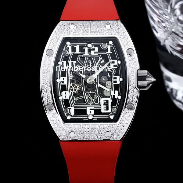 Reloj ultrafino 67-01 con diamantes para hombre, esfera negra, automático, acero inoxidable 904L, cristal de zafiro, reloj de pulsera de lujo, resistente al agua, correa de caucho roja