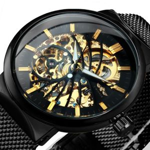 Ultradun automatisch mechanisch horloge Heren Gouden vogelpatroon Ontwerp Mesh band Skeleton polshorloges2211