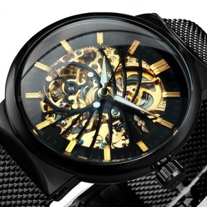 Ultradun automatisch mechanisch horloge Heren Gouden vogelpatroon Ontwerp Mesh band Skeleton polshorloges206w