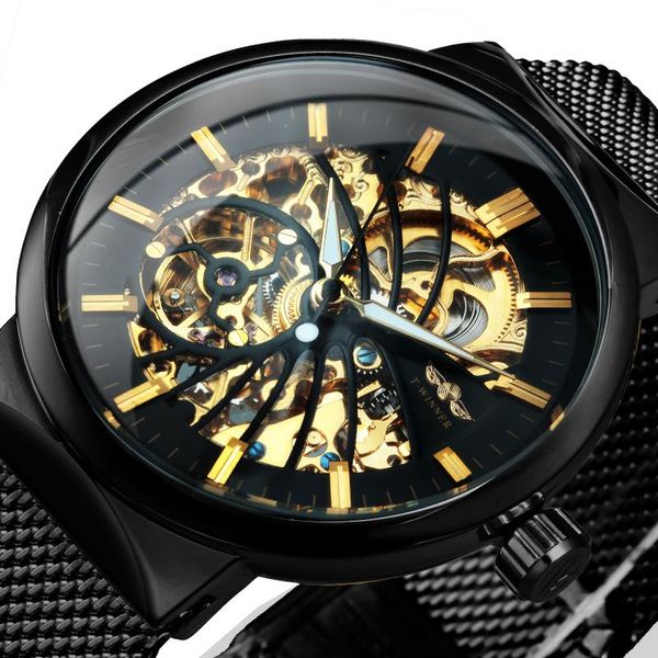 Montre mécanique automatique ultra mince hommes or oiseau motif conception maille bracelet squelette montres-bracelets