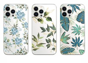 Coques de téléphone transparentes en TPU souple ultra-minces électrolytiques semi-transparentes pour iPhone 13 12 11 Pro Max Mini XR XS X 8 7 Plus Blue Rose Leaves