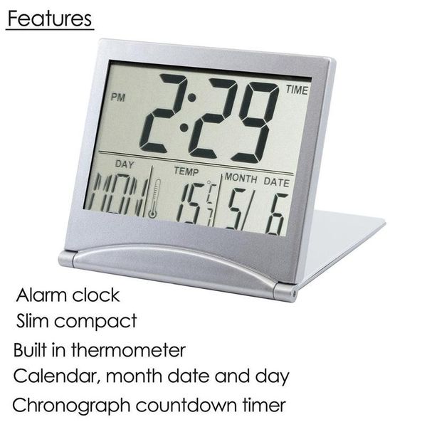 Reloj de alarma plegable ultra delgado LCD LCD Temperatura luminosa de la temperatura del calendario perpetuo Temporizador de reloj de la repetición Luz de despertar