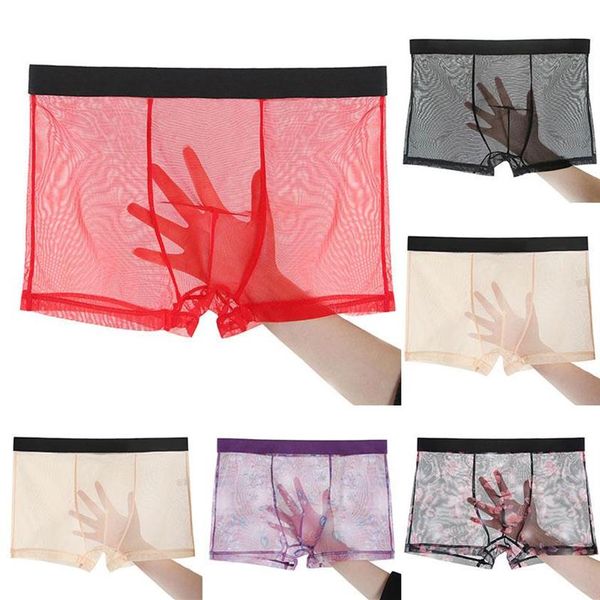 Ultra-mince hommes maille transparente sous-vêtements Shorts boxeurs Sexy respirant caleçons confortables mâle Cueca culottes 262q