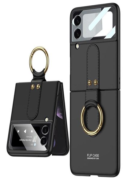 Ultra delgada Samsung Z Flip 3 Cajones 5 g con soporte de anillo Cubierta protectora de PC dura mate para el teléfono Android Cámara de vidrio híbrido Back LE2370865