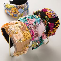 Ultra large sept couleurs Patchwork bandeau à paillettes accessoires de cheveux de mode femmes dentelle fleur broderie perles bandeau bandeau de cheveux