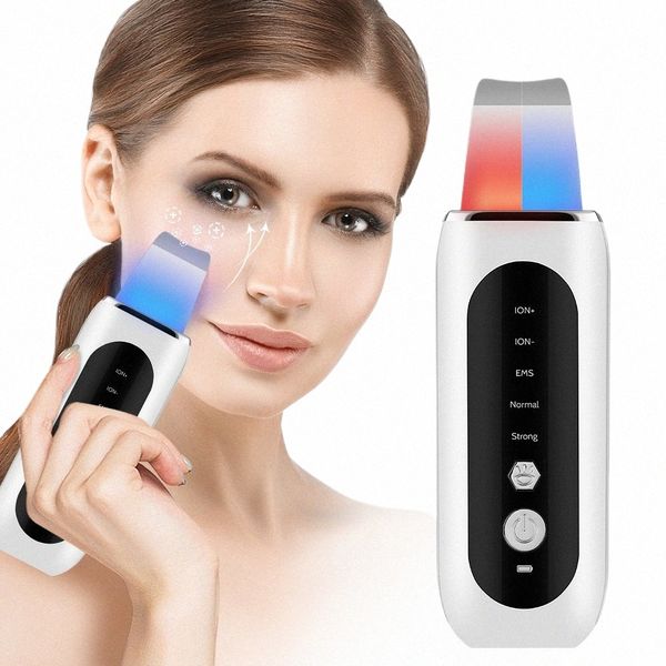 Depurador de piel ultrasónico 5 modos LED Luz azul roja EMS Estiramiento facial Removedor de espinillas Acné Limpieza de poros Máquina peladora Pala N3Zg #