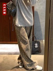 ULXH Jeans met luipaardprint Dames Hoge taille Vintage wijde pijpen denim broek Street chic Fashion Retro Baggy Y2k Casual 240227