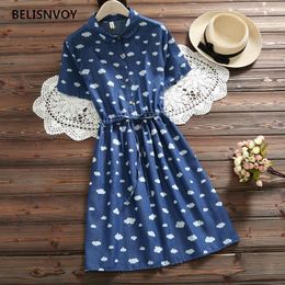 Ulzzang mori meisje zomer vrouwen blauwe jurken wolk patroon bedrukte korte mouw vintage vestidos japanse schattige kawaii vrouw Dres 210520