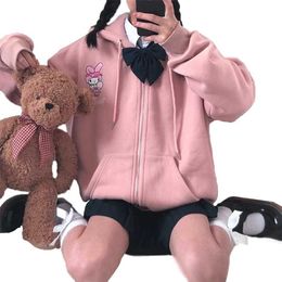 Ulzzang Preppy Style Pocket Sweat à capuche Dessin animé Imprimer Femmes Vêtements mignons Harajuku Kawaii Rose Sweat-shirt Filles Anime Zip Up Sweats à capuche 211224