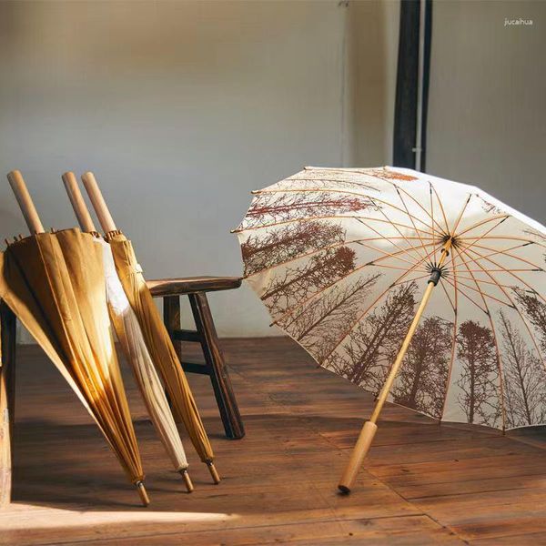 Parapluies 16 os clair parapluie style national rétro art petit frais long manche en bois coupe-vent et crème solaire adhésif noir