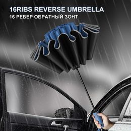 Paraplu's 16Ribs Men Women Paraplu Grote winddichte reflecterende streep omgekeerde automatische zon regen luxe zakelijke auto reizen 230217