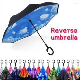 Parapluies 2024 pliant longue tige double couche inversé parapluie coupe-vent inversé C-crochet mâle golf pour voiture