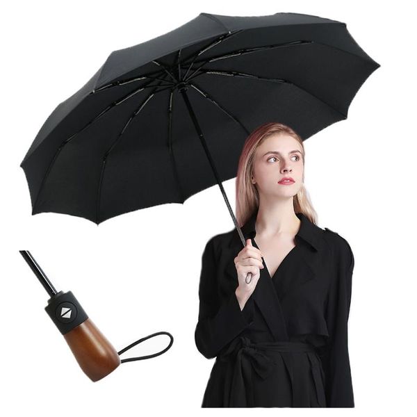 Parapluies 210T Pongé Automatique Parapluie Soleil Hommes D'affaires Manche En Bois 10K Pliant Solaire Anti UV Parasol Coupe-Vent