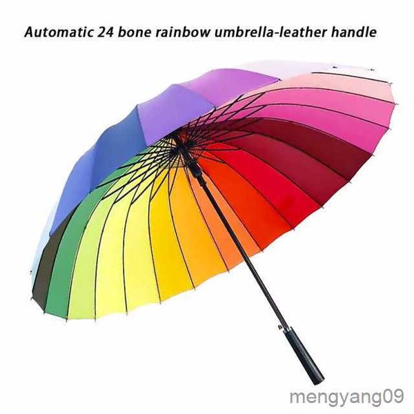 Parapluies 24k manche à longue hauteur parapluie arc-en-ciel popularité de luxe Men de luxe femme grand vent droit de parapluie pluvieux ensoleillé R230705