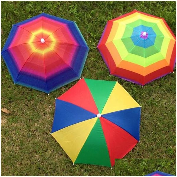 Paraguas 3 colores plegable sol arco iris paraguas sombrero para adt niños diadema ajustable senderismo pesca al aire libre sombrilla gota deliv dhpam