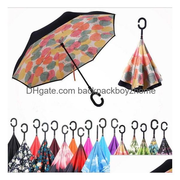 Parapluies 52 couleurs parapluie pliant inversé inversé parapluies à l'envers avec poignée en forme de C anti-uv imperméable coupe-vent pluie pour Dhnds