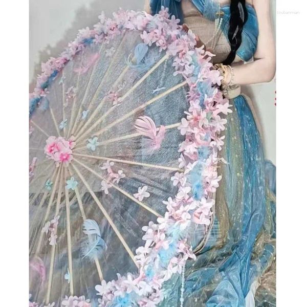 Parapluies Antique Hanfu Fleur Imperméable Plage Dentelle Parapluie Plume Lolita Streamer Atmosphère Esthétique Cosplay Fil Parasol