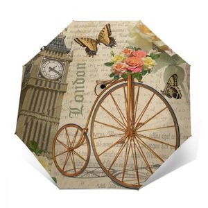 Paraplu's automatische paraplu retro ansichtkaart Londen met grote Ben Roses en fiets drievoudige vrouwelijke mannen regen
