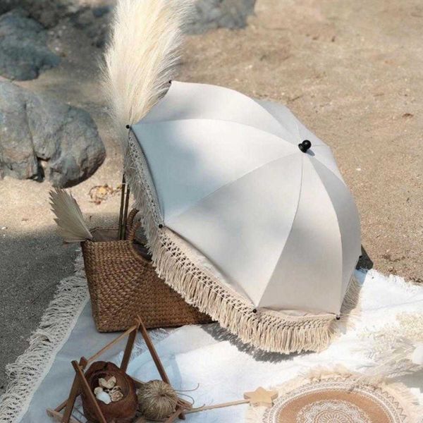 Parapluies Poussette Bébé Protection Solaire Parasol Bohème Vintage UV Soleil Parapluie Pliant Poussette Parapluie Parasol Extérieur Frange Plage