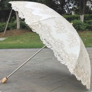 Parapluies Parapluie brodé en dentelle beige avec revêtement noir rétro double pli parapluie de protection UV livraison gratuite pour les femmes 230529