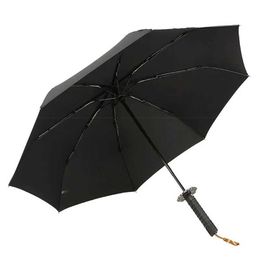 Parapluies noirs samurai parapluie créatif katana manche de katana automatique pliant le vent renforcé épaissis de samurai japonais