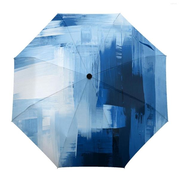 Parapluies Bleu Peinture Abstraite Parasol Automatique Parapluie Pliant Hommes Femmes Imprimé Léger Vêtements De Pluie