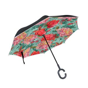 Paraplu's auto omgekeerde paraplu regen vrouwen rozenbloemen print winddichte lange handgreep dubbele laag omgekeerd met reflecterende strip 231213
