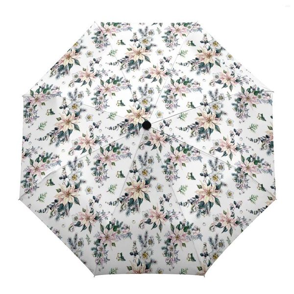 Parapluies de Noël Fleur Plante Automatique Parapluie Voyage Pliant Parasol Portable Coupe-Vent