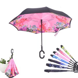 Parapluies Coloré Automatique Inversé Parapluie Pliant Homme Femmes Soleil Pluie Voiture Parapluies Inversés Double Couche Anti UV Auto Stand Parapluie 230727