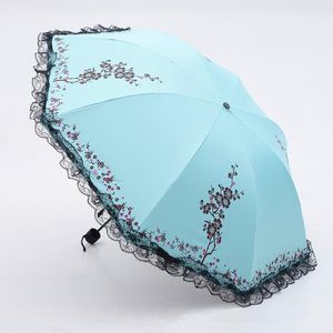 Paraplu's kleuren pruimen bloemen bloesem parasol kant drie vouwen paraplu uv merk zonnige / regenzon vrouwen