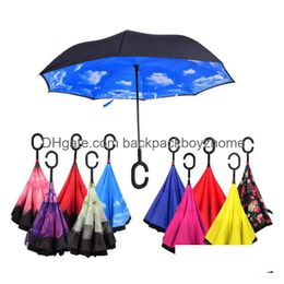 Paraplu's Creatieve omgekeerde paraplu's Dubbellaags met C-handgreep Binnenstebuiten Omgekeerde winddichte paraplu 34 kleuren Ooa867 Drop Delivery Dhds7