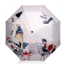 Paraplu Creatief schilderen Zwarte coating Paraplu Drievoudig Paraguas Dames Parasol Anti-uv Waterdichte regen