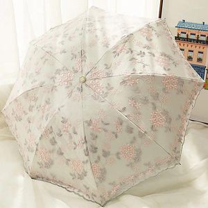 Parapluies Double couche anti-uv femme pluie parapluie dentelle fleur parasol voyage résistant au vent pliant crème solaire parasol ensoleillé