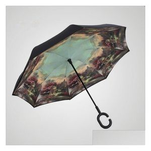 Paraplu's Dubbellaags omgekeerde paraplu Auto's C-haak Waterdicht Omgekeerd opvouwbaar Chuva Drop Delivery Huis Tuin Huishoudelijk Diversen Dhx5G