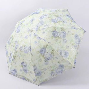 Parapluies Mode Anti-UV Soleil / Pluie Parapluie 8K Broderie Double Dentelle Pluie Femmes 3 Équipement Manuel Pliant Pour Fille