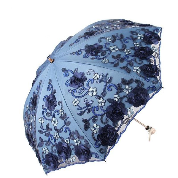 Parapluies mode broderie dentelle parapluie 2023 Style deux pliant noir revêtement Anti-UV Parasol femmes extérieur pluvieux et ensoleillé