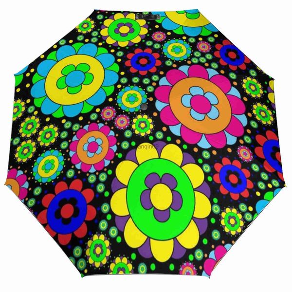 Umbrellas Flower Power Vintage 3 veces Auto paraguas 60S 70S impresión hippie de peso ligero para paraguas y marco de fibra de carbono de lluvia HKD230817