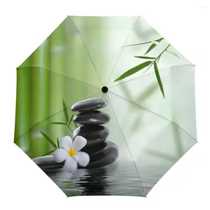 Parapluies fleur zen pierres bamboues de voyage dans le vent de voyage pliant pour femme mâle mâle huit os parasol imprimé automatique