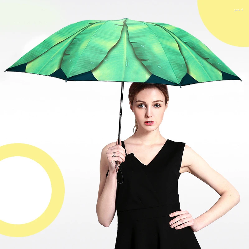 Umbrellas Folding Umbrella Rain For Women Windproof Banana Leaf Pattern Female Outdoor Sun Protection