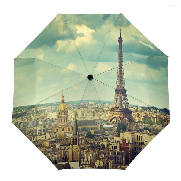 Paraguas con estampado de ciudad de la Torre Eiffel de Francia, paraguas de lluvia para hombres y mujeres, paraguas de tres plegables para niñas, sombrilla de regalo automática portátil duradera