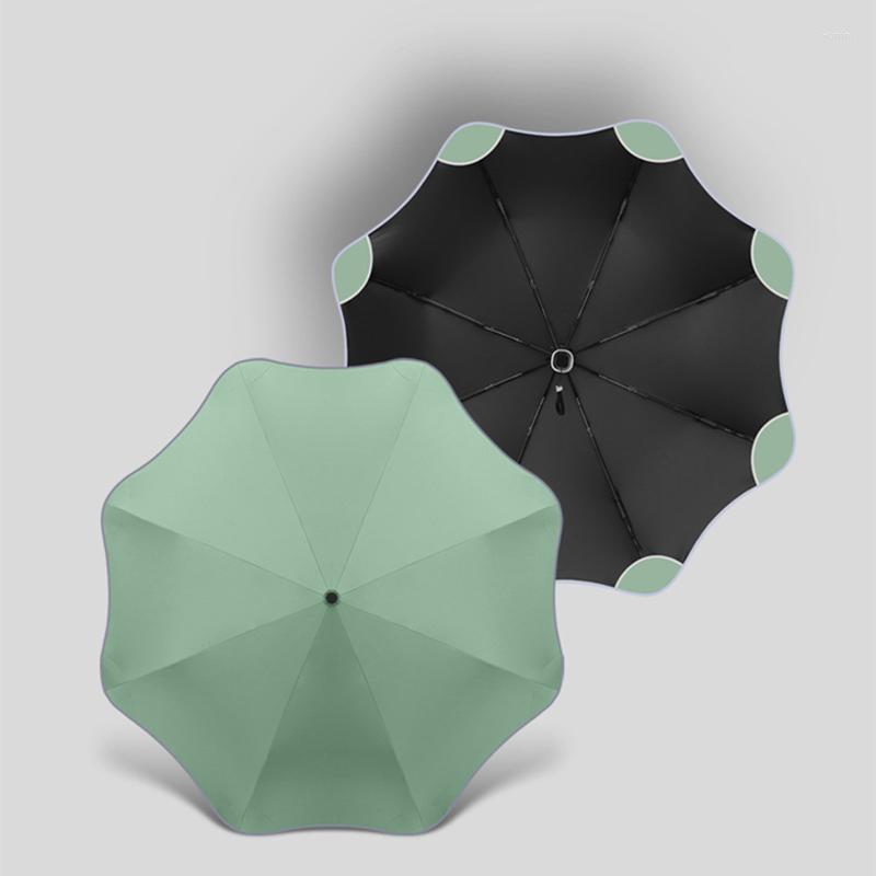Regenschirme Vollautomatischer Anti-UV-Regenschirm mit reflektierendem Streifen, abgerundete Ecken, winddicht, 8 Rippen, Business-Sonnenschirm mit schwarzer Beschichtung
