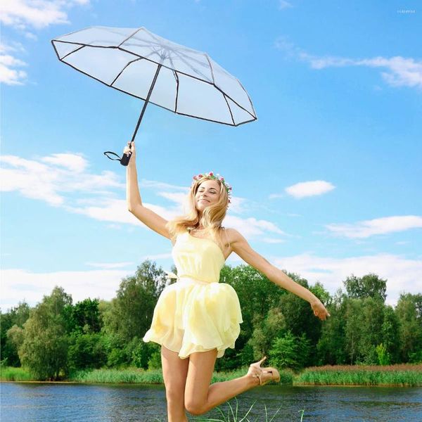 Parapluies entièrement automatiques TROISIFICATIONS FRANT PLACE PLACHING PLACK TRAVE CLAIR MATÉRICAUX: Fibre polyester pour hommes et femmes en plein air