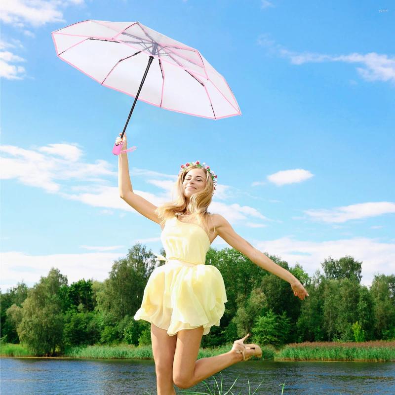 Paraplyer hela automatiska trefaldiga transparent paraply för regnig dag resor Klar bärbart vikningsribmaterial: Fiber