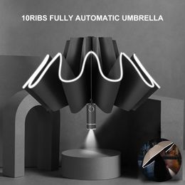 Parapluies parapluie entièrement automatique avec lampe de poche LED coupe-vent bande réfléchissante inverse voiture voyage pluie soleil pour hommes femmes 230217