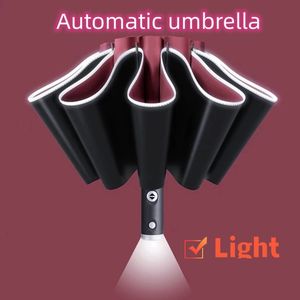 Paraplu's Volledig automatische UV -paraplu met LED -zaklamp Reflecterende streep omgekeerd groot voor regenzon warmte isolatie parasol 230510