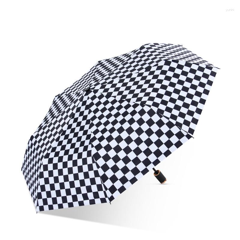 Guarda-chuvas totalmente automático feminino guarda-chuva net vermelho preto e branco padrão de grade luz elegante ensolarado