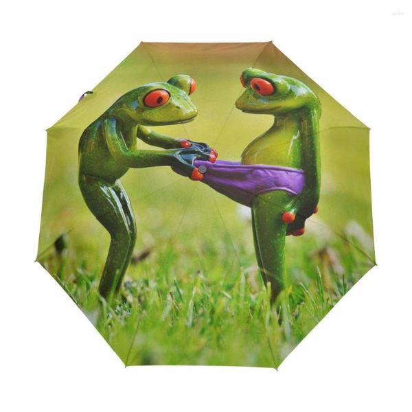 Parapluies drôle grenouille impression parapluie pluie femmes automatique 3 pliant à l'intérieur noir revêtement Anti-UV voyage extérieur Parasol